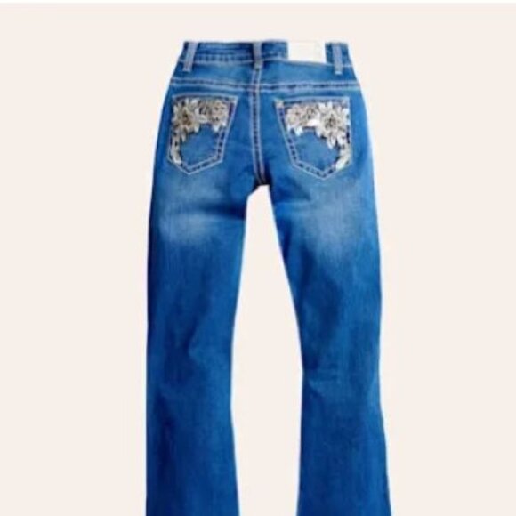 Rockin C Girls Jeans Size 12 | Medium Wash Floral Embroidery Back Pocket Denim - Picture 1 of 11